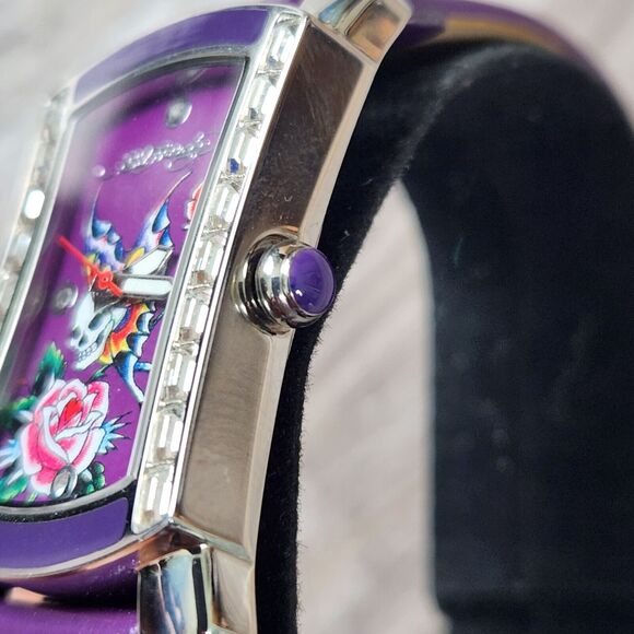 Ed Hardy Quartz Skull Butterfly Rose Leather Purple Watch Japanese Mvmt 3ATM HTF - Picture 15 of 16